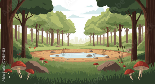 Enchanting forest clearing with a serene pond and vibrant mushrooms.