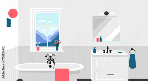 Modern Bathroom Interior with Bathtub and Sink.