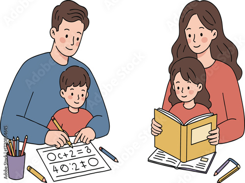 Parent-child learning illustration, math and reading, educational activity, cognitive development, home study, vector art, stock image, tutoring moment, school prep