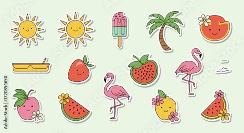 Cute Summer Stickers Collection Featuring Fruits Flamingos and Sun.