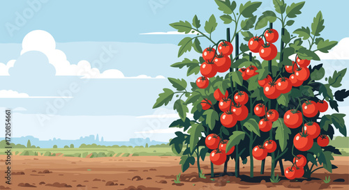 A healthy tomato plant with ripe red tomatoes growing in a field.