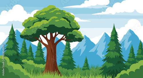 Vibrant Forest Landscape with Majestic Tree and Mountains.