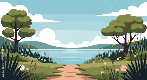 Beautiful Landscape Scene with Trees and Lake.