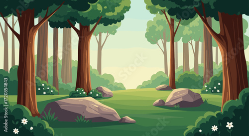 Enchanting Forest Clearing with Sunlight and Rocks.