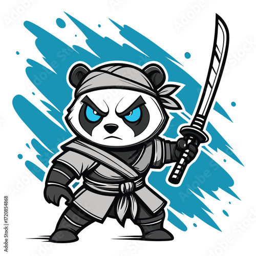 Vector art of fierce cartoon panda warrior with a katana sword, ready for battle, dynamic pose, blue eyes, bandana, ninja outfit