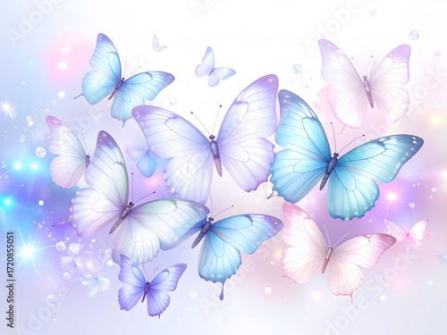 A graceful, photorealistic illustration of a swarm of butterflies with translucent, glowing wings in soft shades of light blue, purple, and pink. The background is a soft, dreamy field of bokeh lights