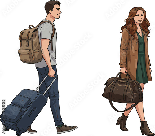 Travel, illustration, people, luggage, fashion, airport, journey, tourism, adventure, casual, modern, backpack, suitcase, outfit, destination, movement, lifestyle, transit, walking, traveler