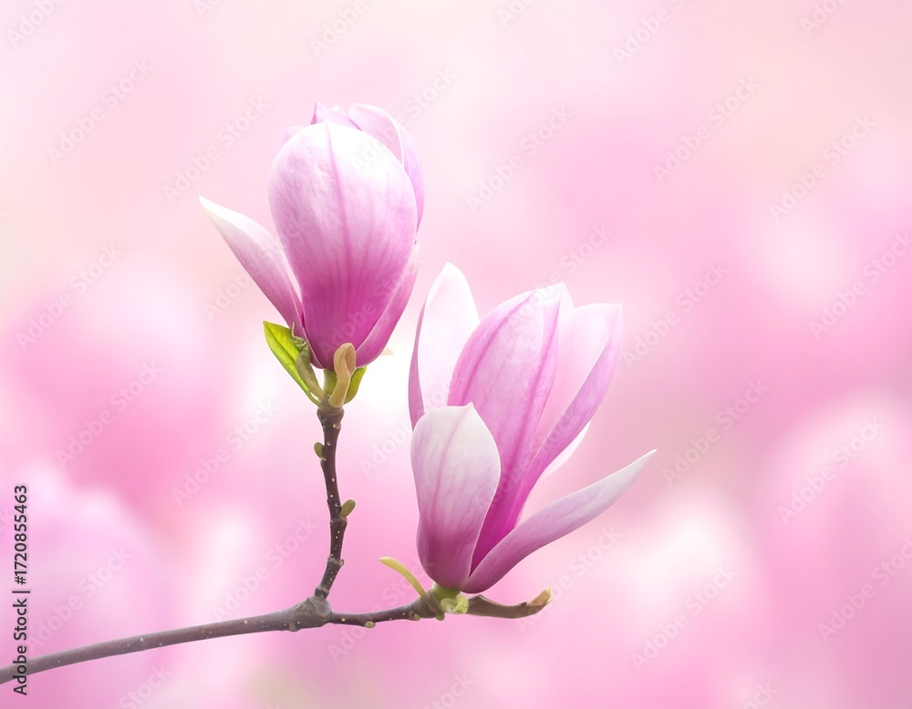 Obraz premium Two delicate pink magnolia blossoms, softly focused against a gentle pink background, showcase spring's beauty.