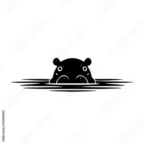 A striking black and white icon showing the submerged silhouette of a hippopotamus. This simple yet powerful design captures the hippo's iconic presence in its natural wildlife habitat