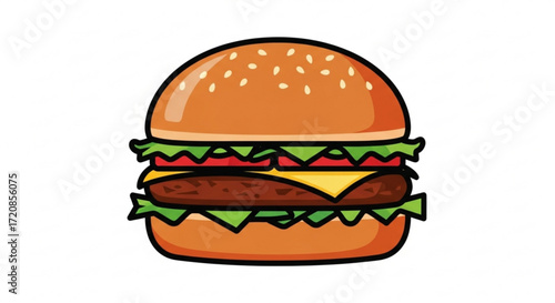 Delicious burger with sesame bun, lettuce, tomato, cheese and patty vector illustration art design