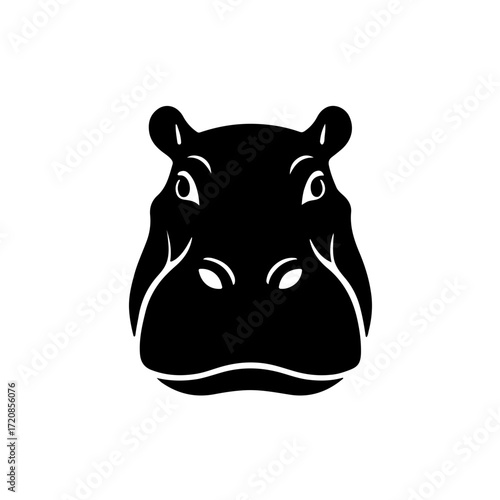 A striking black and white icon focusing on the powerful and expressive face of a hippopotamus. This minimalist design highlights the hippo's iconic wide snout and small, watchful eyes