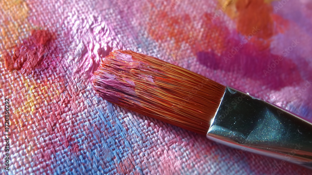 Fototapeta premium A paintbrush with a pink and orange handle is on a piece of fabric