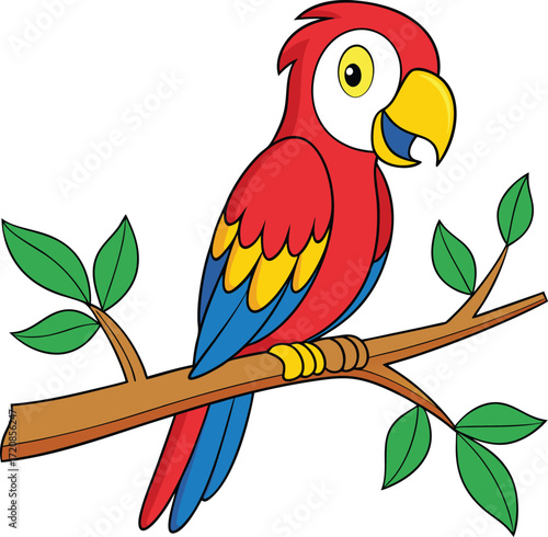 Vector art of a colorful cartoon macaw parrot with red, blue, and yellow feathers, perched on a tree branch