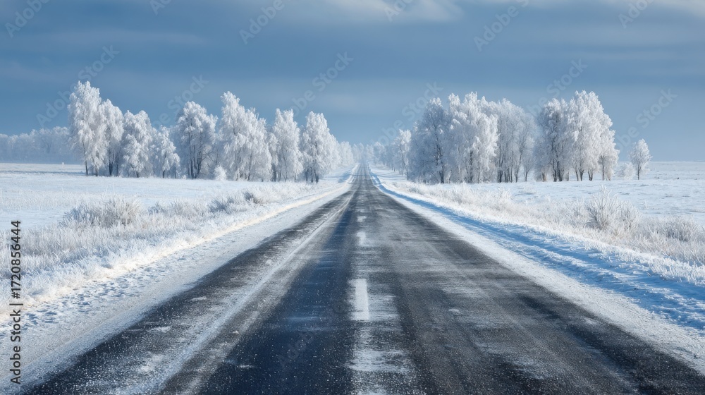 Obraz premium A long, empty roadway stretches ahead, surrounded by snow-covered fields and frost-covered trees. Overcast skies create a serene winter atmosphere in the landscape.