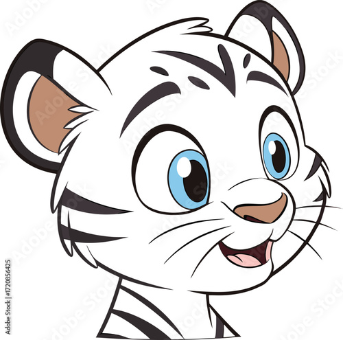 Vector art of cute cartoon white tiger cub with blue eyes and black stripes