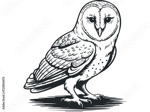 Barn Owl Bird in Black and White Line Art. Vector hand drawn illustration