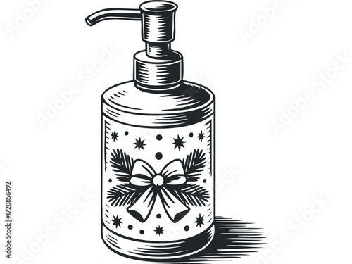 Hand Sanitizer Bottle with Christmas Bow and Pine Sprigs. Vector hand drawn illustration