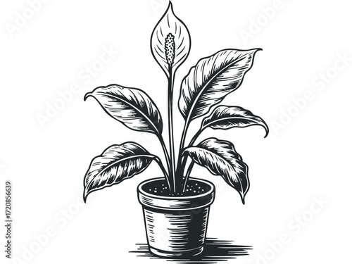 Potted Peace Lily Plant. Vector hand drawn illustration