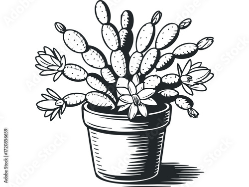 Potted holiday cactus plant with blooms and buds on transparent. Vector hand drawn illustration
