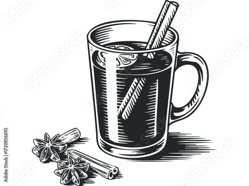 Warm mulled wine in glass mug with cinnamon and star anise. Vector hand drawn illustration
