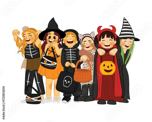 Adorable Kids in Halloween Costumes Trick-or-Treating Fun