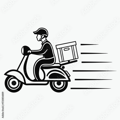 Vector art of delivery man riding a scooter with a box on the back, , conveying speed and efficiency