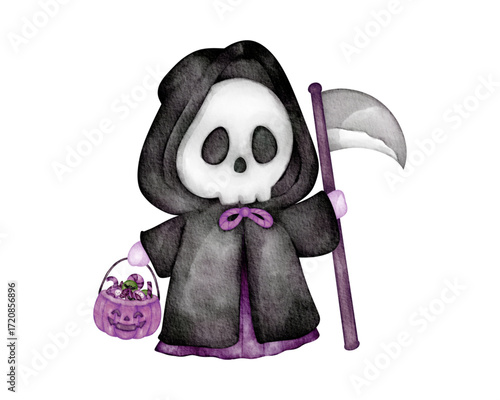 Adorable Halloween Grim Reaper Cute Watercolor Illustration
