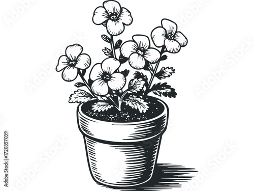 Potted flowering plant with multiple blooms and leaves on transparent background. Vector hand drawn illustration