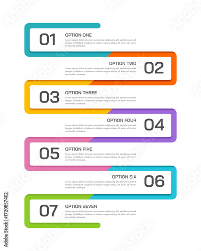 Vertical Business Infographic. Modern 7 Option or Step with Colorful Wavy Timeline. Presentation, Plan and Strategy. Vector Illustration.