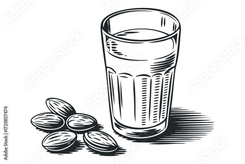 Glass of almond milk with nuts on transparent background. Vector hand drawn illustration