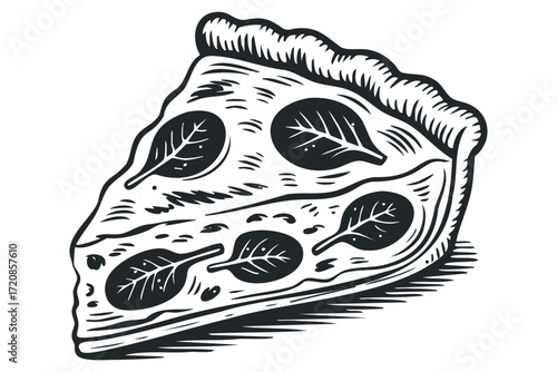 Black and white graphic slice of spinach pizza on transparent background. Vector hand drawn illustration