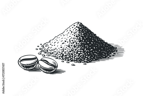 Heap of coffee beans and pile of ground coffee beans. Vector hand drawn illustration