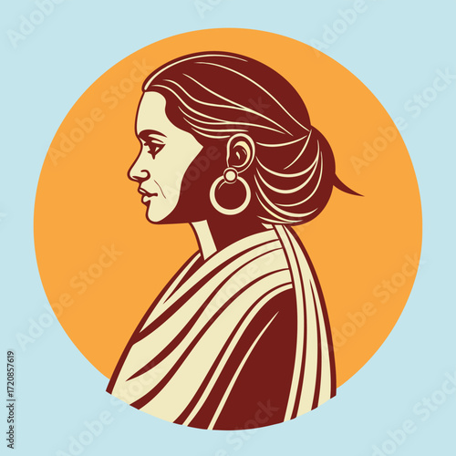 Vector art of profile illustration of a woman with her hair in a bun, wearing a sari and large hoop earrings, set against a circular orange background