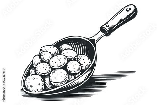 Wooden scoop filled with pebbles. Vector hand drawn illustration