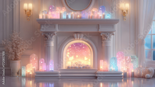 Luxurious white fireplace adorned with glowing pastel crystals and candles creates magical ambiance in elegant room. soft lighting and ornate details enhance enchanting atmosphere