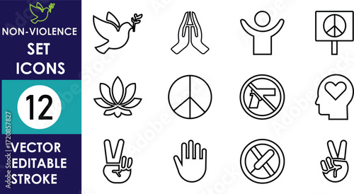 Collection of twelve minimal non-violence icons including dove, prayer hands, peace sign, lotus, no guns, human mind, raised hand, and victory gesture symbols