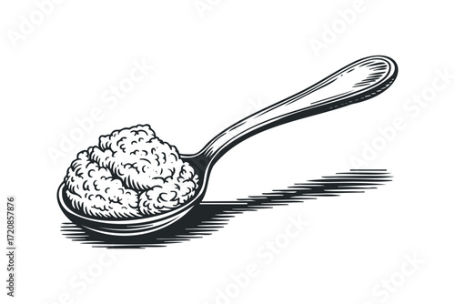 Spoon filled with grainy substance isolated on transparent. Vector hand drawn illustration