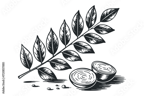 Line art of leafy branch with sliced root vegetable and peppercorns on transparent background. Vector hand drawn illustration
