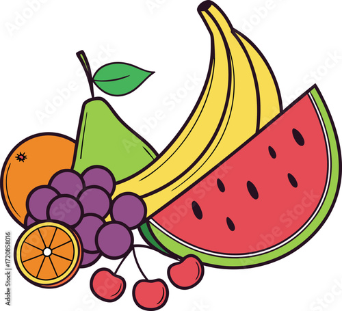Vector art of a vibrant assortment of fresh fruits including bananas, watermelon, grapes, orange, pear, and cherries, isolated on a