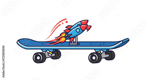 Rocket skateboard illustration: fun transportation, space travel, extreme sports, and creative design concept
