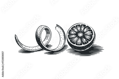 Peeled orange twist and slice. Vector hand drawn illustration
