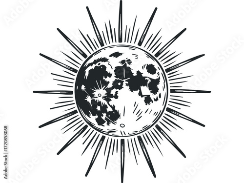 Detailed moon with radiating lines. Vector hand drawn illustration
