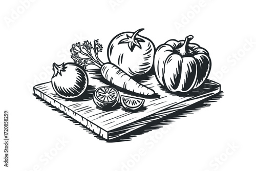 Line art still life of fresh vegetables on wooden board. Vector hand drawn illustration