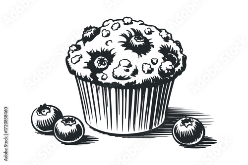 Blueberry muffin and berries drawing on transparent background. Vector hand drawn illustration