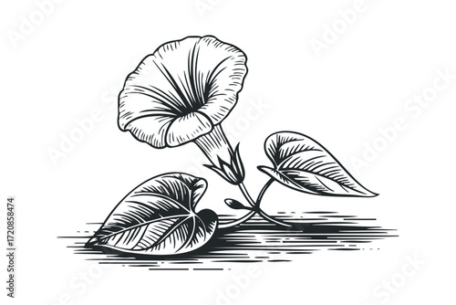 Engraving style morning glory flower with leaves. Vector hand drawn illustration