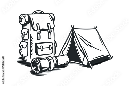 Camping backpack tent and sleeping bag on transparent background. Vector hand drawn illustration