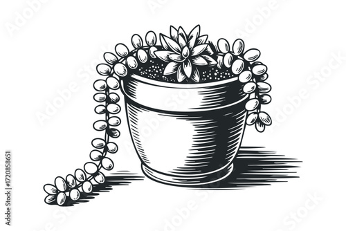 Potted String of Pearls succulent plant with central rosette. Vector hand drawn illustration