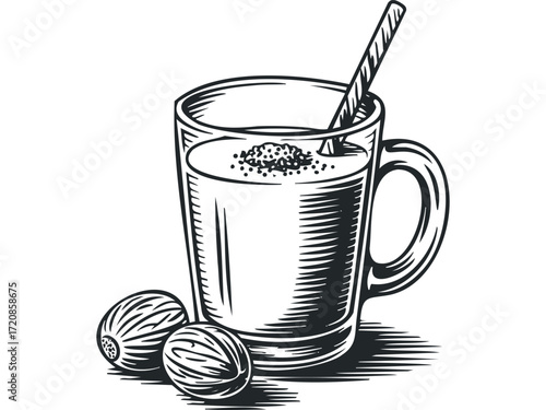 Mug with Nutmeg and Spice Drink and Straw. Vector hand drawn illustration