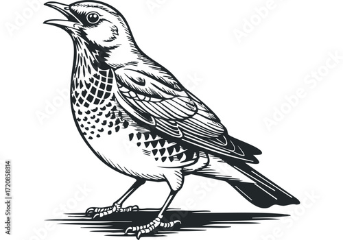 Black and white line drawing of a thrush bird with open beak. Vector hand drawn illustration
