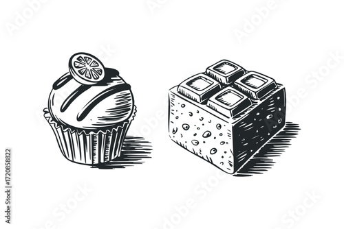 Hand drawn sketch of a cupcake and chocolate on transparent background. Vector hand drawn illustration